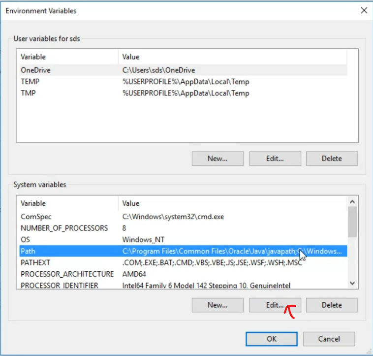 Figure 8 Clicking on Edit to edit the System variables Path